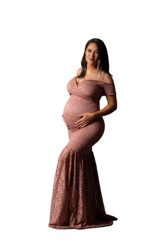 Dusty Pink Lace Off-Shoulder Maternity Gown
