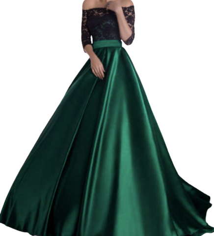 Bottle Green & Black Lace Satin Ball Gown
