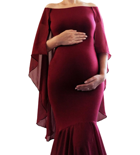 Maroon-Wine Boat Neck Cape Maternity Trail Gown