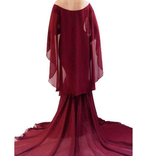 Maroon-Wine Boat Neck Cape Maternity Trail Gown