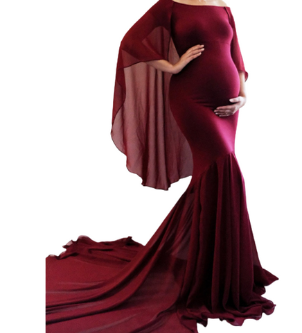 Maroon-Wine Boat Neck Cape Maternity Trail Gown