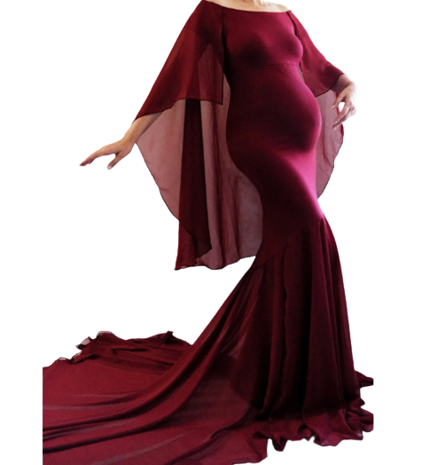 Maroon-Wine Boat Neck Cape Maternity Trail Gown