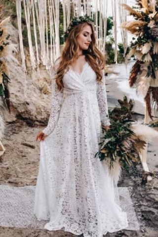 White V Neck Ruched Lace Gown With Full Sleeves