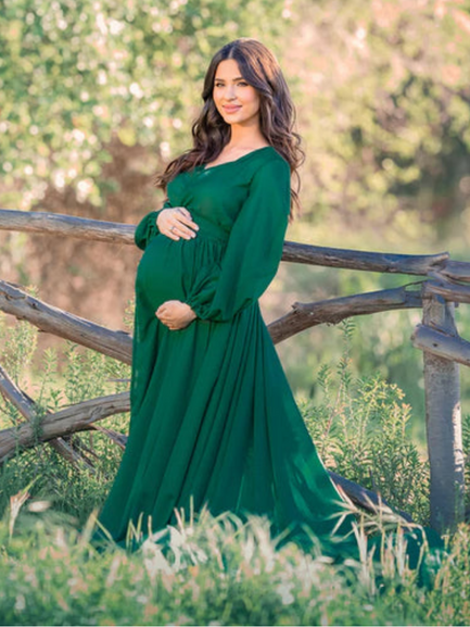 Bottle Green V Neck Ruched Maternity Trail Gown