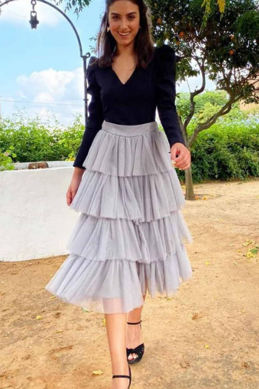 Deep Navy Puff Sleeves Top With Layered Frill Skirt Set