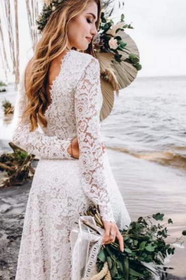 White V Neck Ruched Lace Gown With Full Sleeves