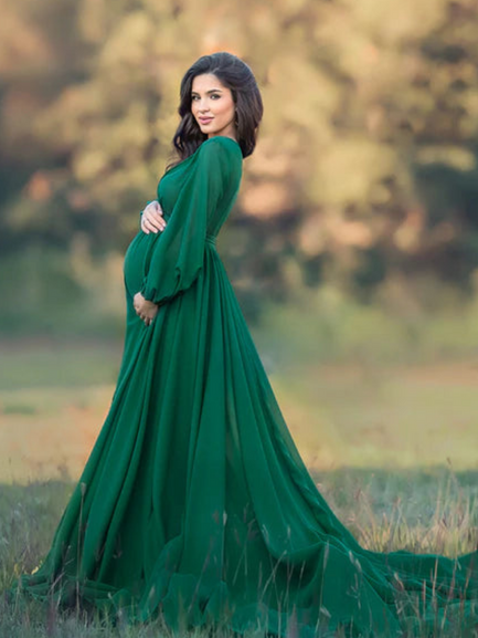 Bottle Green V Neck Ruched Maternity Trail Gown