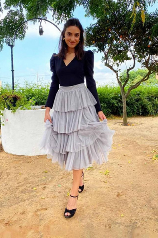 Deep Navy Puff Sleeves Top With Layered Frill Skirt Set