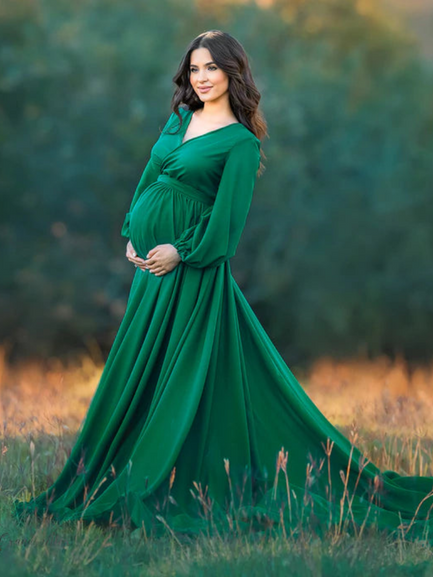Bottle Green V Neck Ruched Maternity Trail Gown