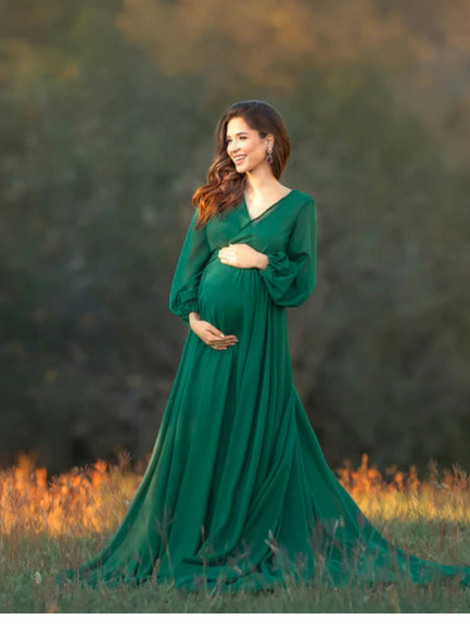 Bottle Green V Neck Ruched Maternity Trail Gown