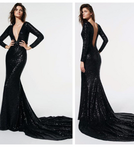 Black Sequins Plunge V Neck Trail Gown