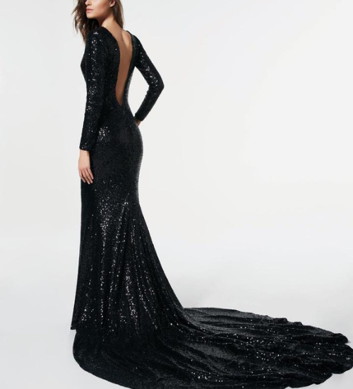 Black Sequins Plunge V Neck Trail Gown
