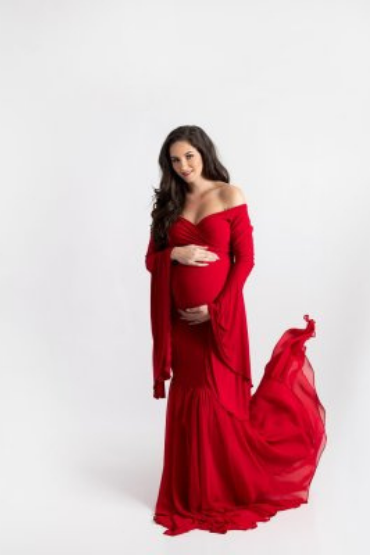 Red Off-Shoulder Bell Sleeves Maternity Gown - Main Image