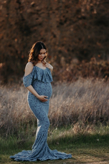 Grey Cold Shoulder Spaghetti Strap Maternity Gown
