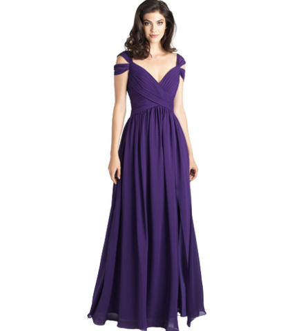 Purple V Neck Cross-Ruched Flared Maxi