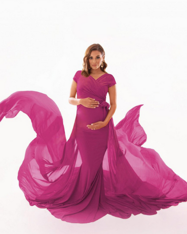 Burgundy Pink V Neck Maternity Shoot Gown