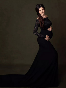 Black Off-Shoulder Lace Long Sleeves Maternity Gown