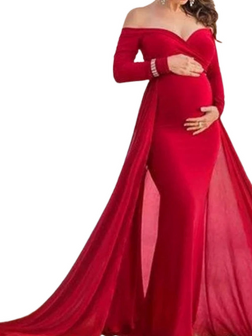 Red Off-Shoulder Maternity trail gown
