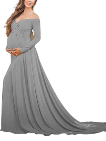 Grey Off-Shoulder Full Sleeves Maternity Gown