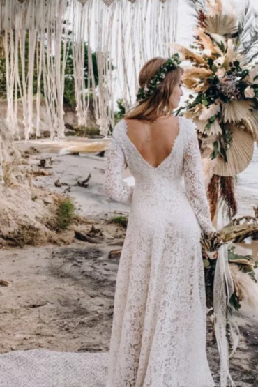 White V Neck Ruched Lace Gown With Full Sleeves