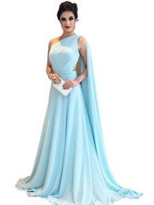 Sky Blue Drape One Shoulder Side Cut-Out Maxi