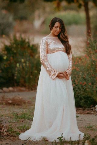 Champagne Glitters Boat Neck Flared Maternity Photoshoot Gown