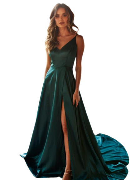 Bottle Green V Neck Satin Maxi Gown