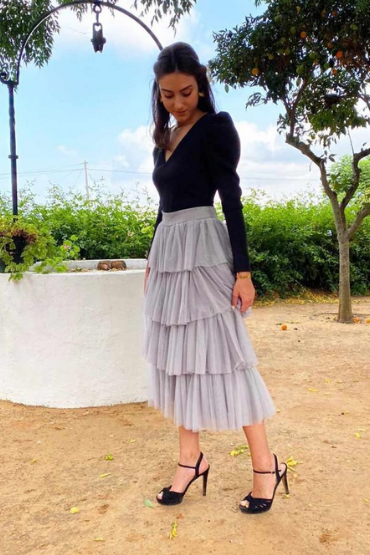 Deep Navy Puff Sleeves Top With Layered Frill Skirt Set