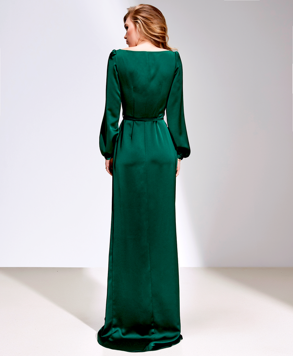 Bottle Green V Neck Ruched Satin Gown