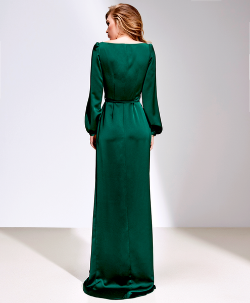 Bottle Green V Neck Ruched Satin Gown