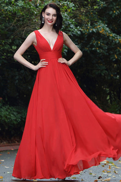 Red Plunge V Neck Square Backless Flared Maxi