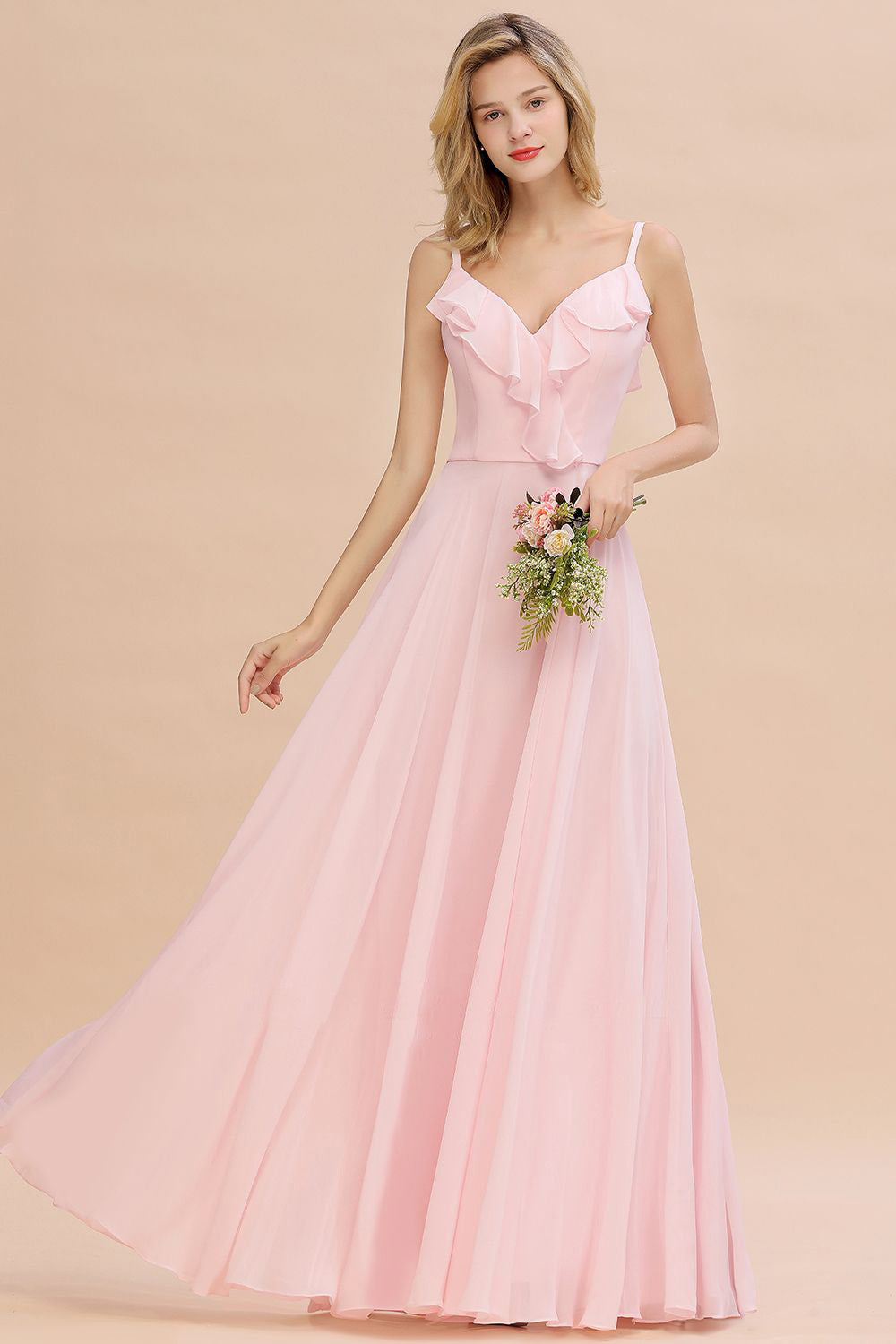 Baby Pink Spaghetti Strap Bridesmaid Maxi