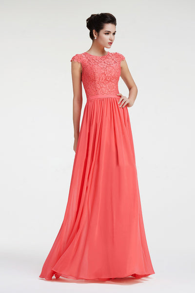 Coral Lace Gathered Bridesmaid Flared Maxi