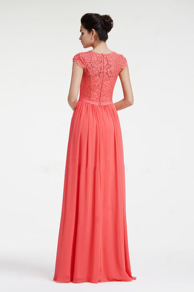 Coral Lace Gathered Bridesmaid Flared Maxi