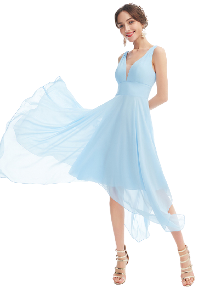 Sky Blue Plunge Neck Back Cut-Out Hi-Low Midi
