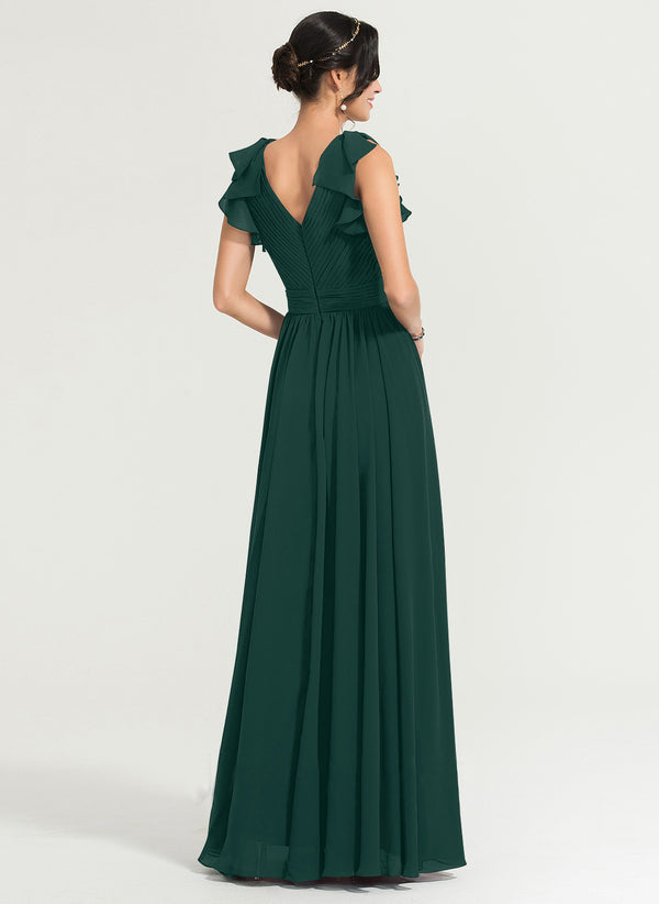 Bottle Green V Neck Flouncing Sleeves Ruched Maxi