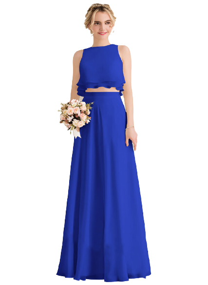 Royal Blue Overlay Frill Top With Skirt Set