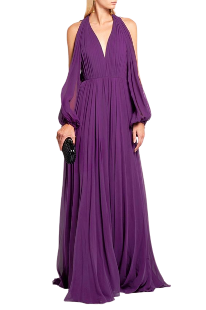 Plume-Wine V Neck Plunge Back Cut-Out Flared Maxi