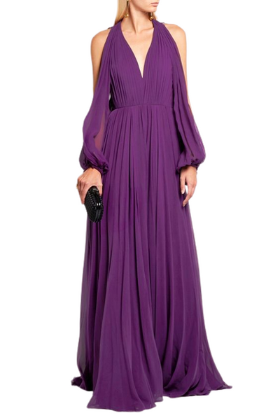 Plume-Wine V Neck Plunge Back Cut-Out Flared Maxi