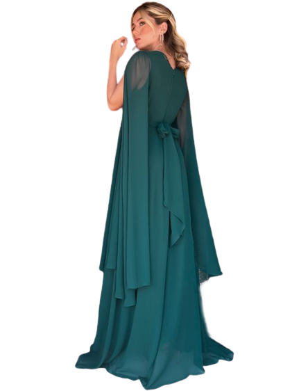 Bottle Green V Neck Cape Sleeves Maxi