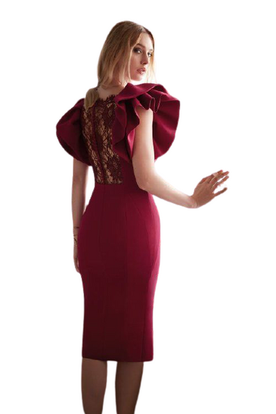 Wine Pleated Sleeves Sheer Back Bodycon Midi