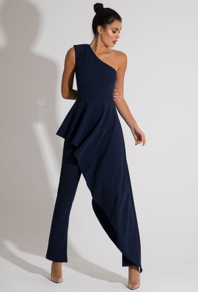 Navy Blue One Shoulder Drape Jumpsuit