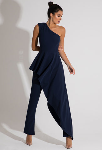 Navy Blue One Shoulder Drape Jumpsuit