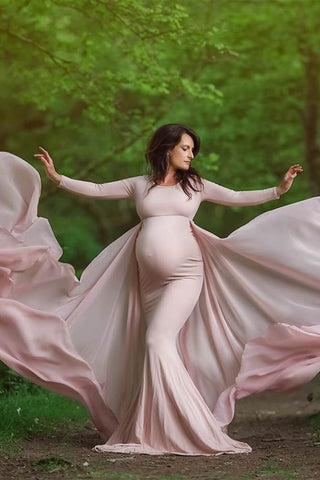Light Baby Pink Round Neck Maternity Trail Gown