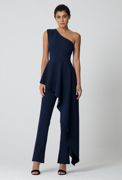 Navy Blue One Shoulder Drape Jumpsuit