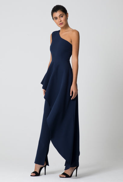 Navy Blue One Shoulder Drape Jumpsuit