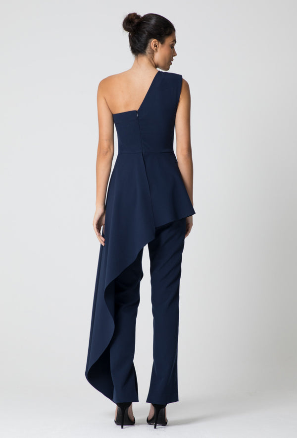 Navy Blue One Shoulder Drape Jumpsuit