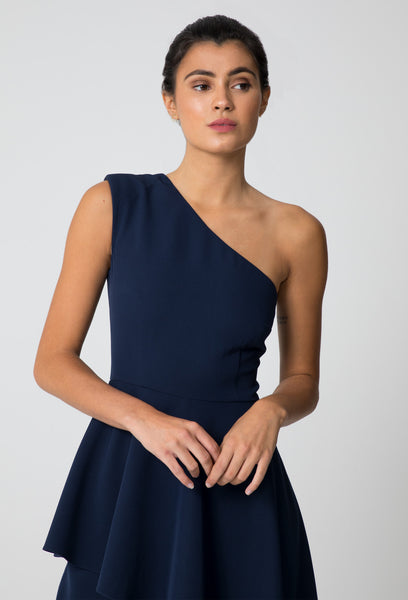 Navy Blue One Shoulder Drape Jumpsuit