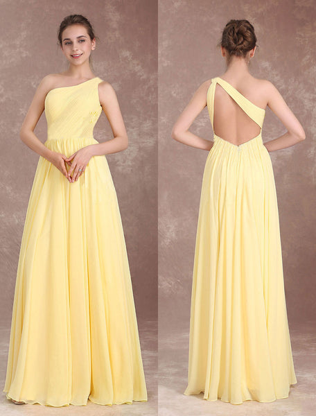 Yellow One Shoulder Ruched Back Cut-Out Maxi