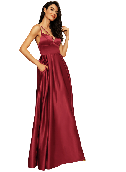 Maroon V Neck Spaghetti Strap Backless Satin Gown